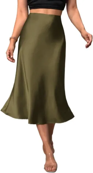 Beach Causal Women's Skirt Women's Elegant Solid Color Hem Midi Skirt