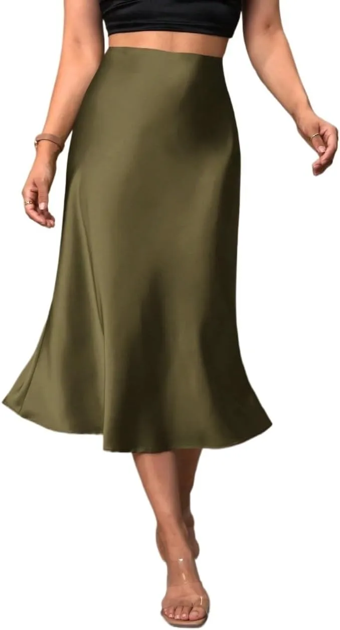 Beach Causal Women's Skirt Women's Elegant Solid Color Hem Midi Skirt