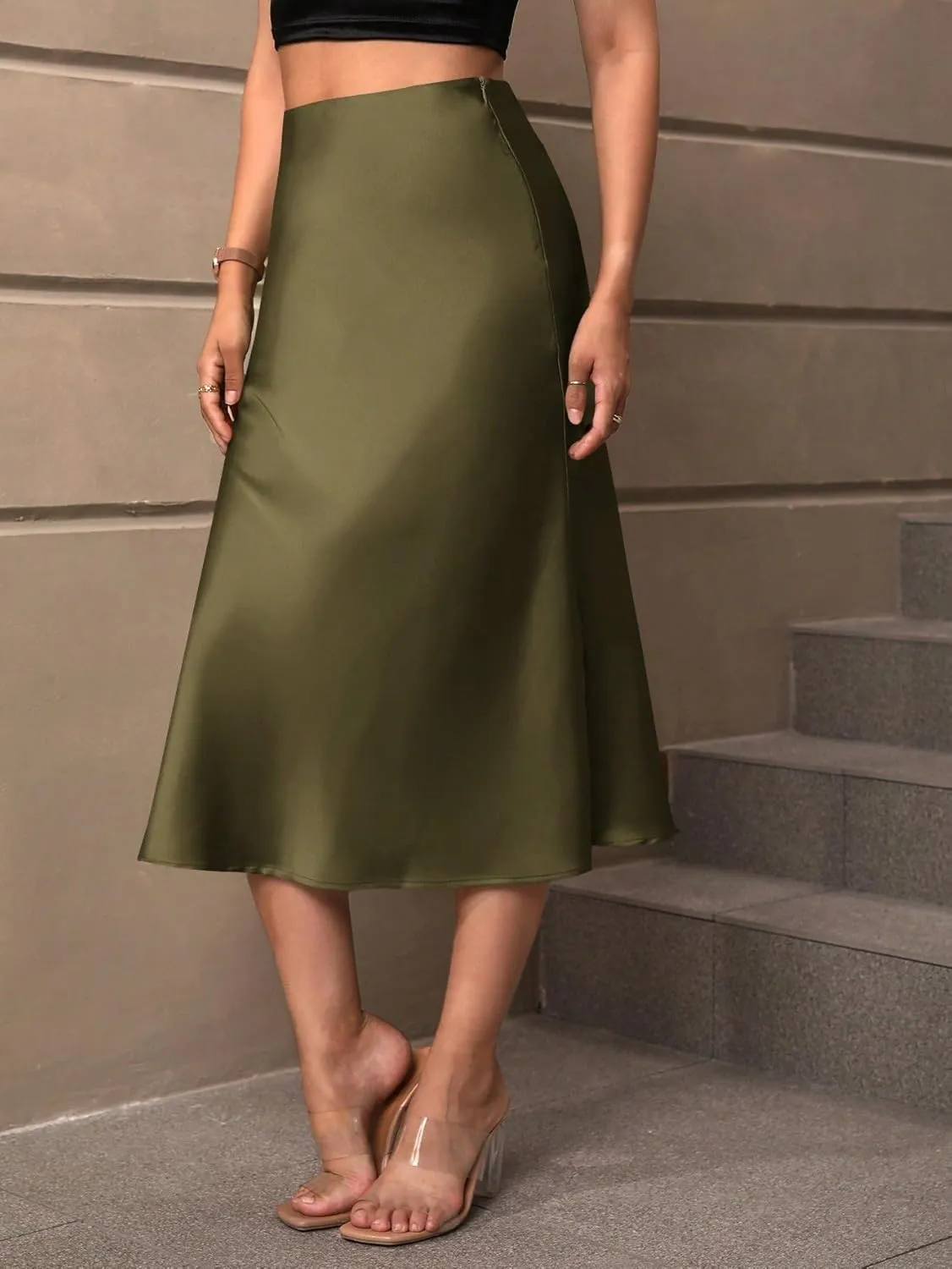 Beach Causal Women's Skirt Women's Elegant Solid Color Hem Midi Skirt