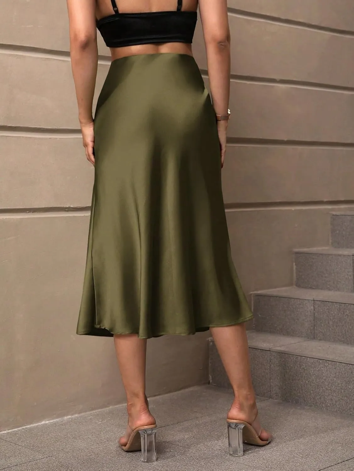 Beach Causal Women's Skirt Women's Elegant Solid Color Hem Midi Skirt