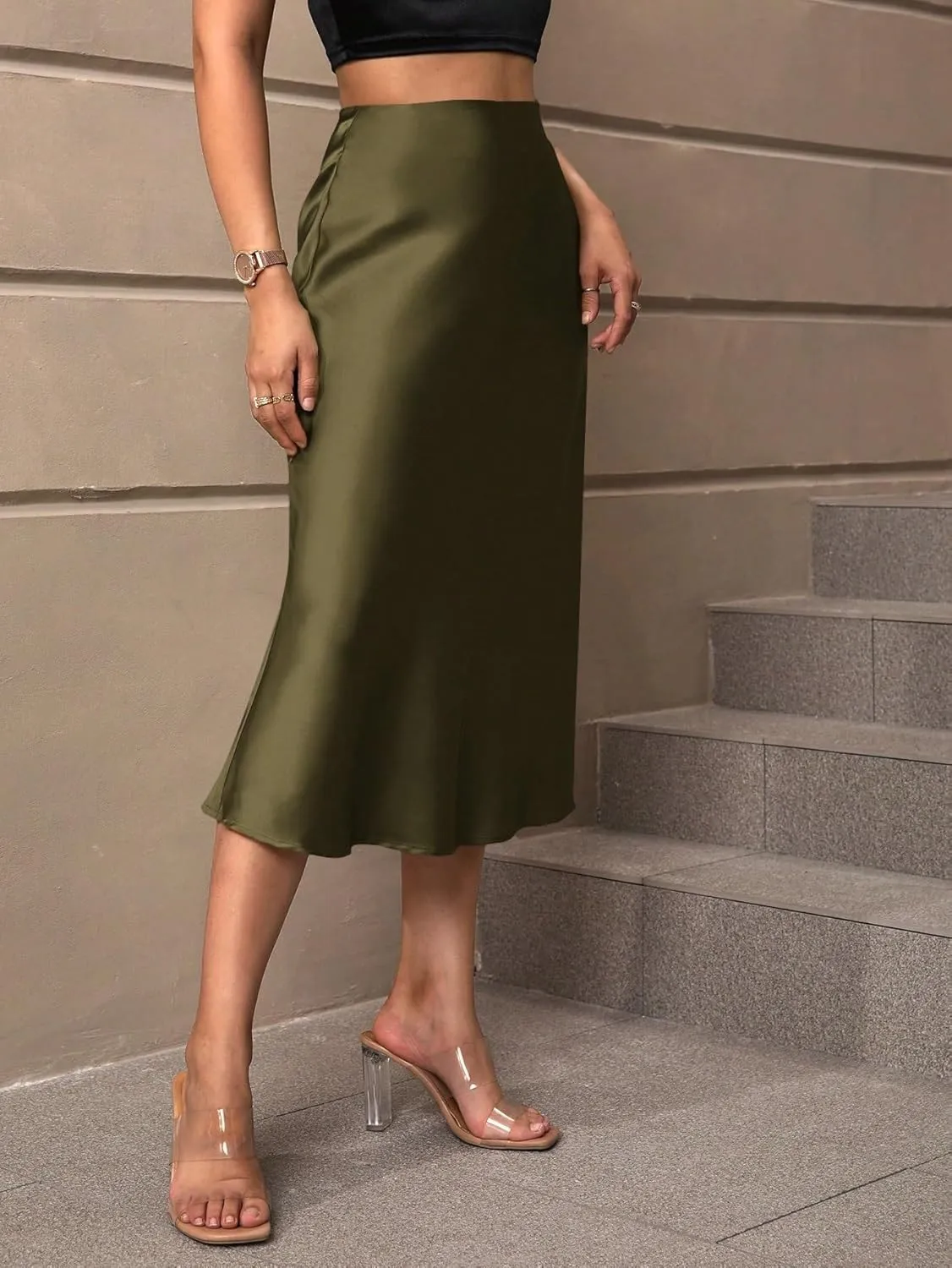 Beach Causal Women's Skirt Women's Elegant Solid Color Hem Midi Skirt