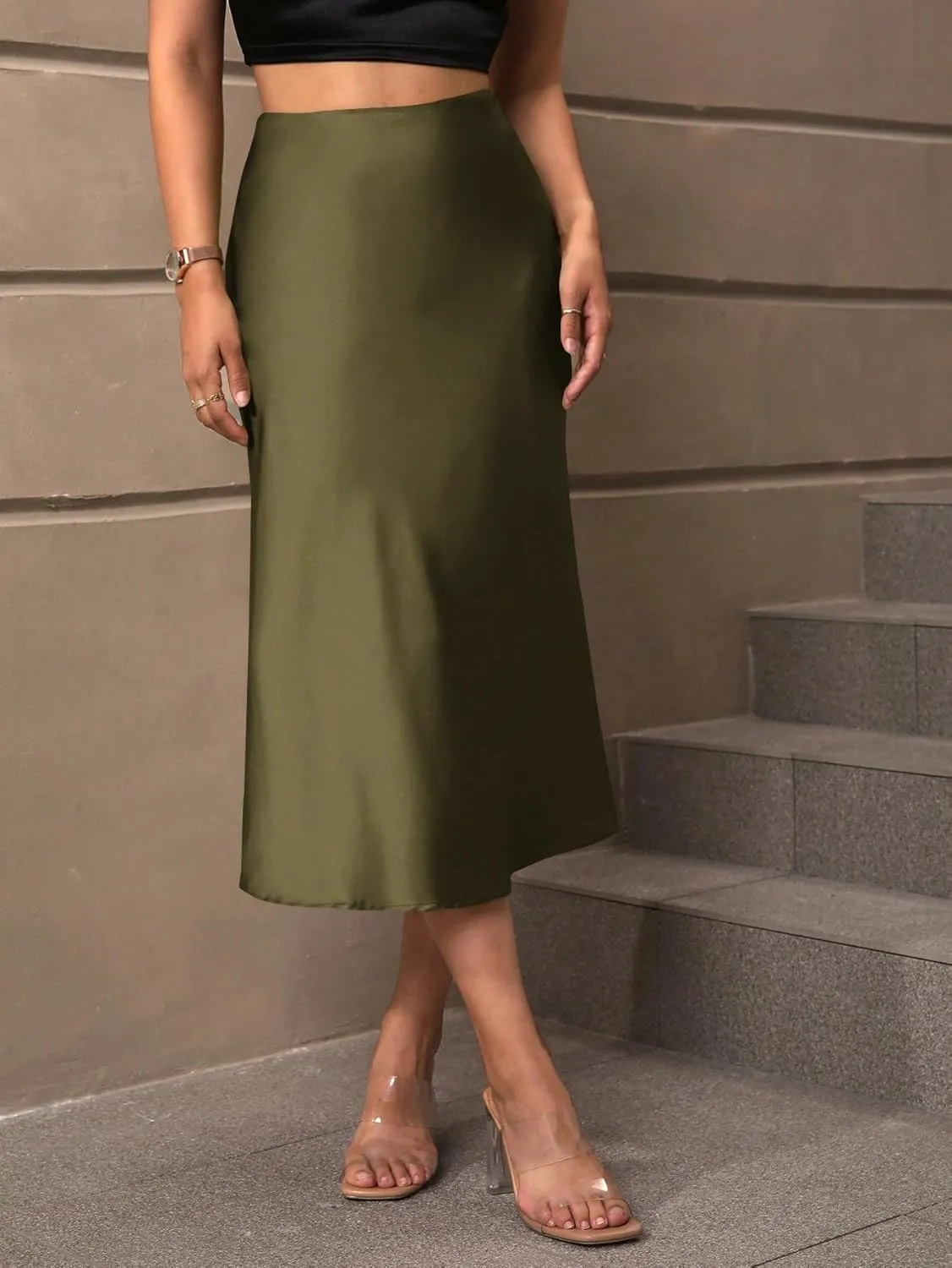 Beach Causal Women's Skirt Women's Elegant Solid Color Hem Midi Skirt