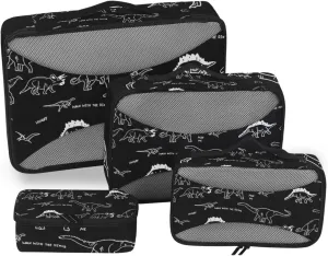 Black and White Dinosaur Travel Packing Cube Set of 4 Pack Luggage Packing Organizers Suitcase Organizer Bags for Travel