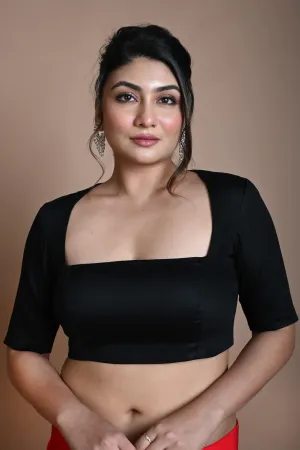 Black Backless Blouse in Cotton with Square Neckline with Half Sleeve