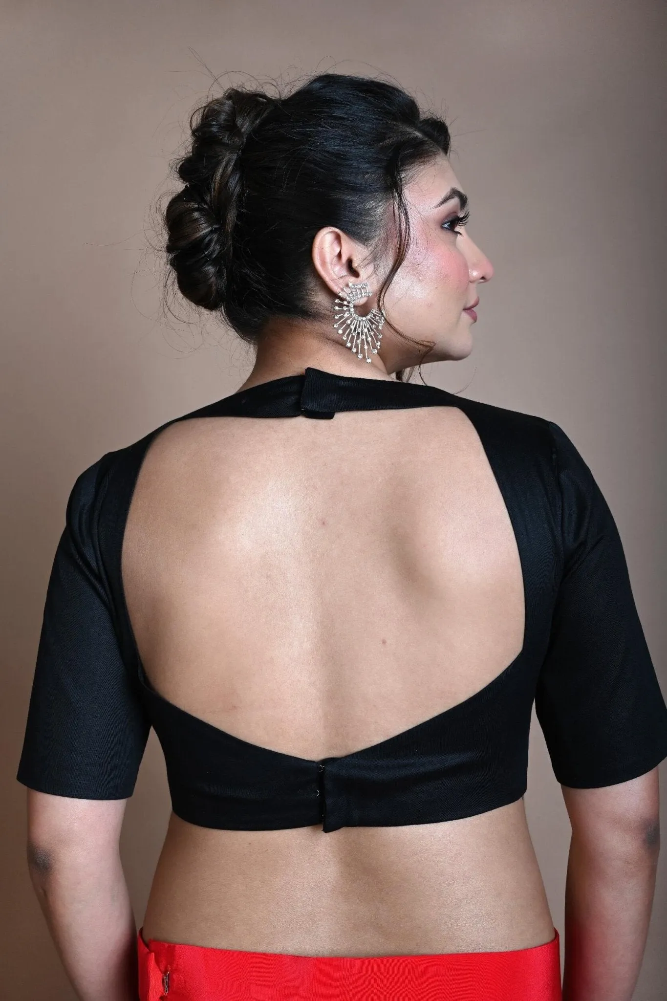 Black Backless Blouse in Cotton with Square Neckline with Half Sleeve