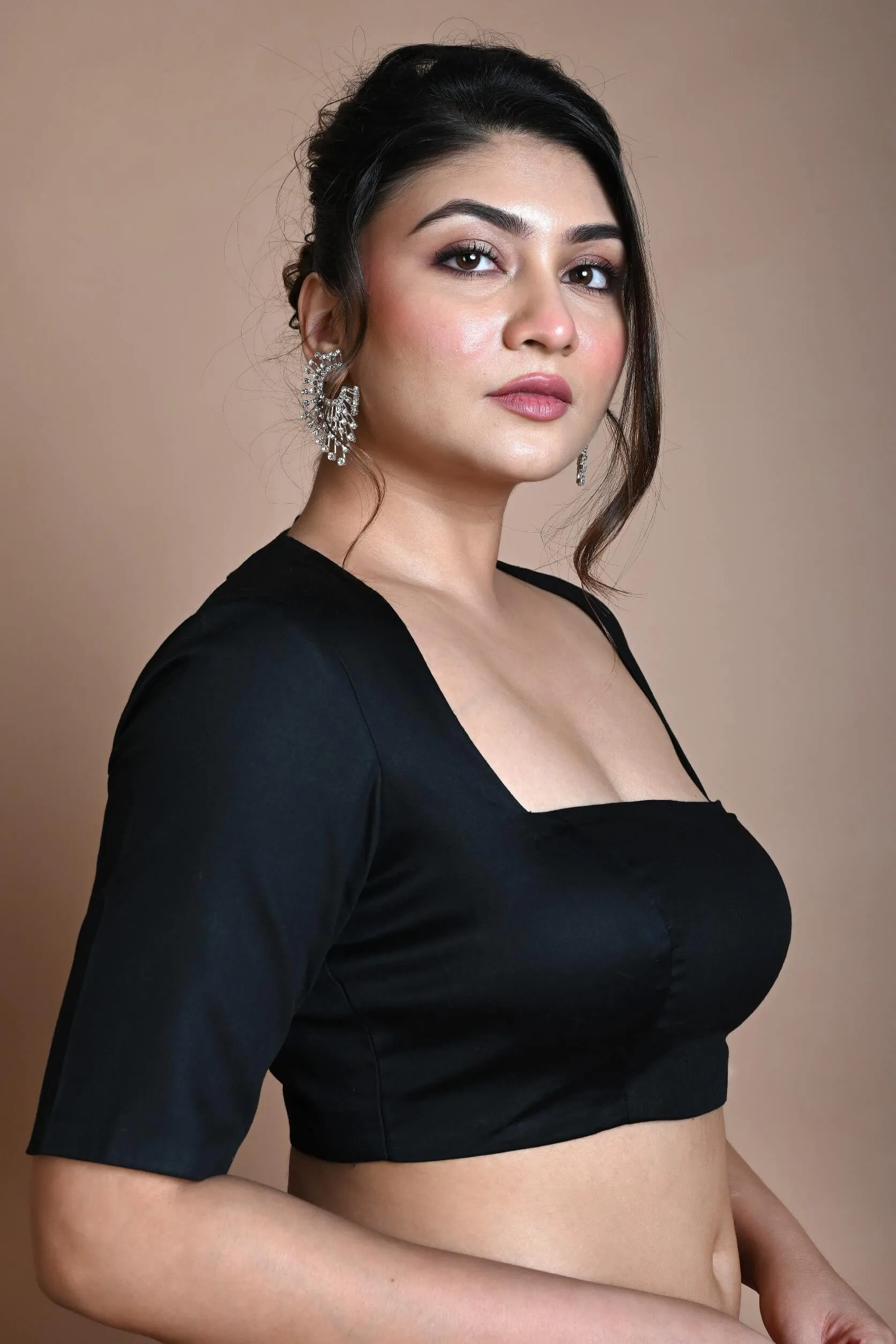 Black Backless Blouse in Cotton with Square Neckline with Half Sleeve