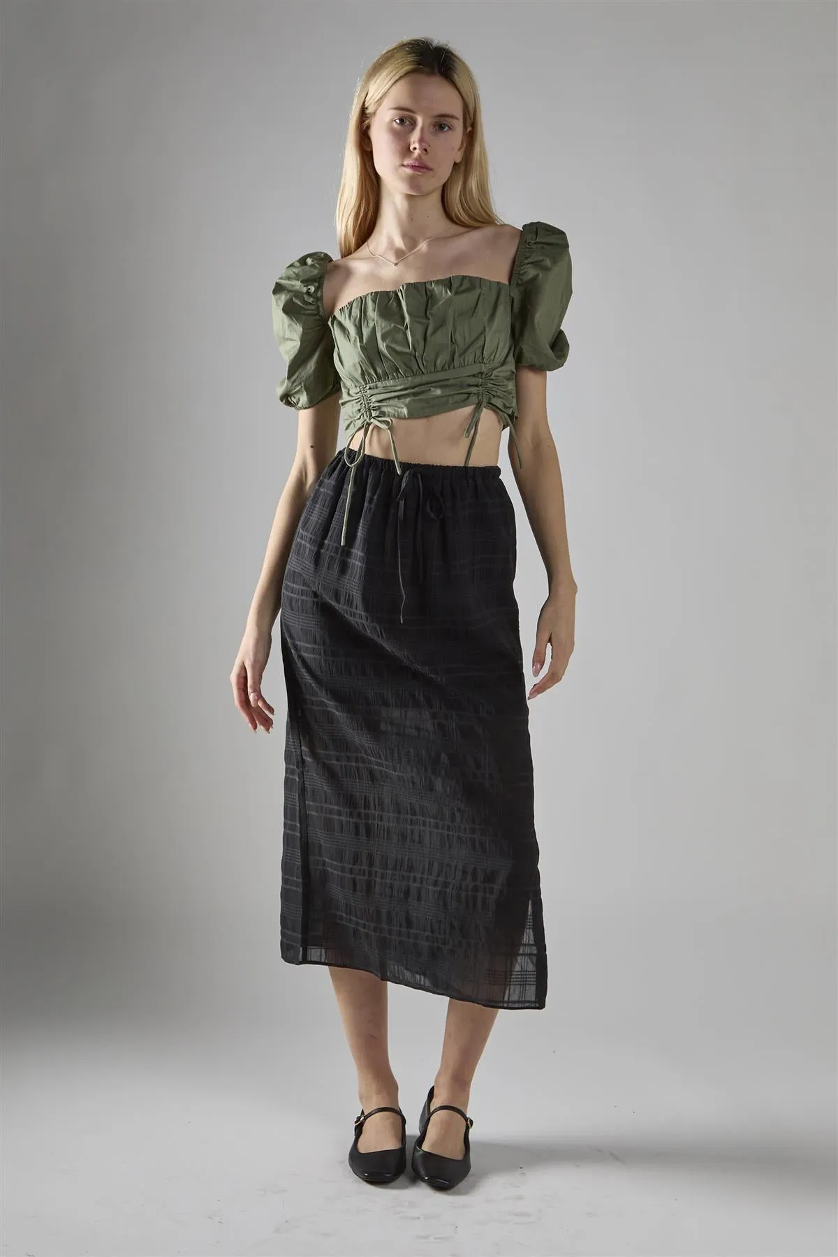 Black Check High-Waist Split Thigh Midaxi-Skirt