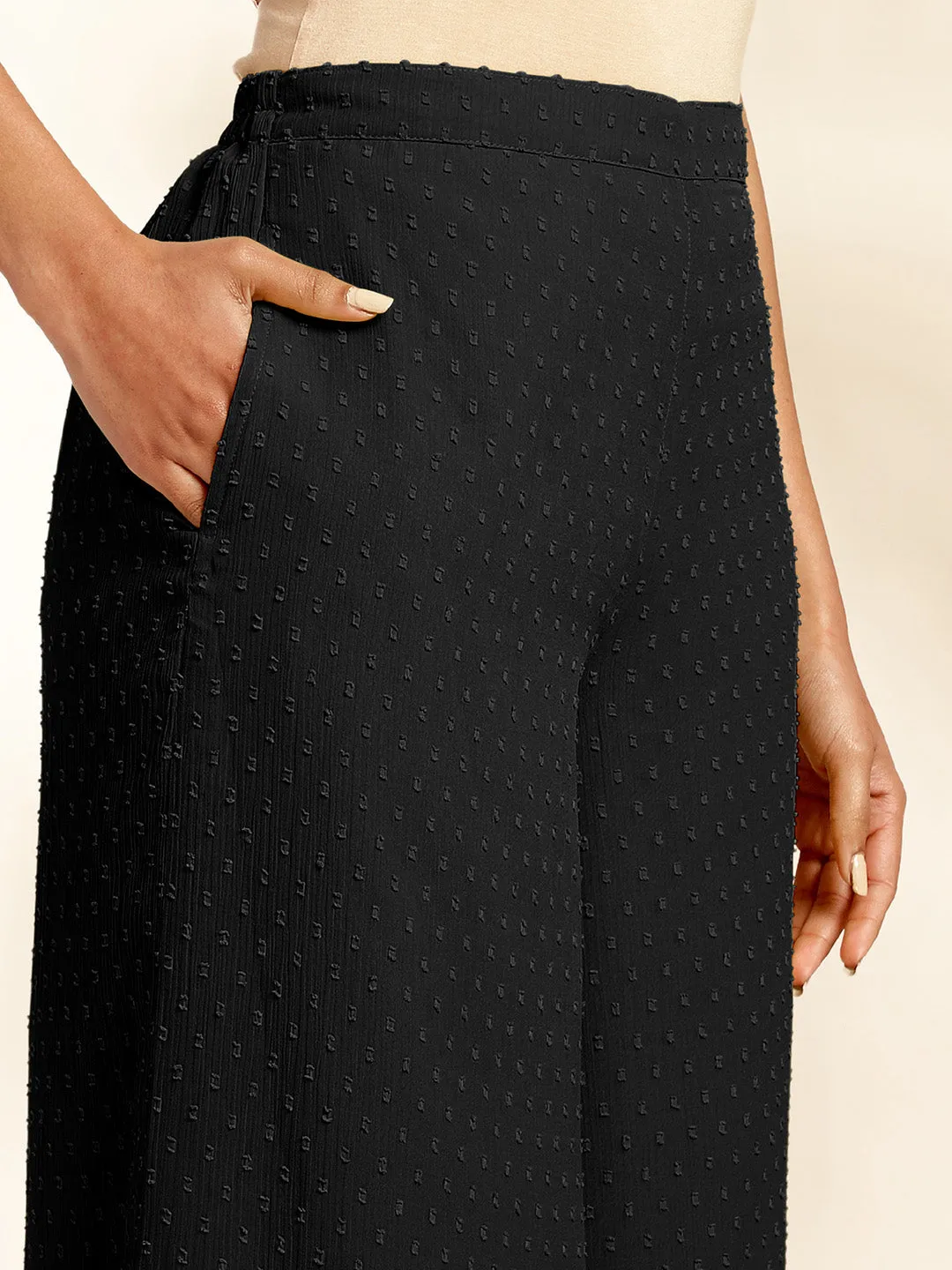 Black Chiffon All-Over Self Design Gathered Co-Ord Set