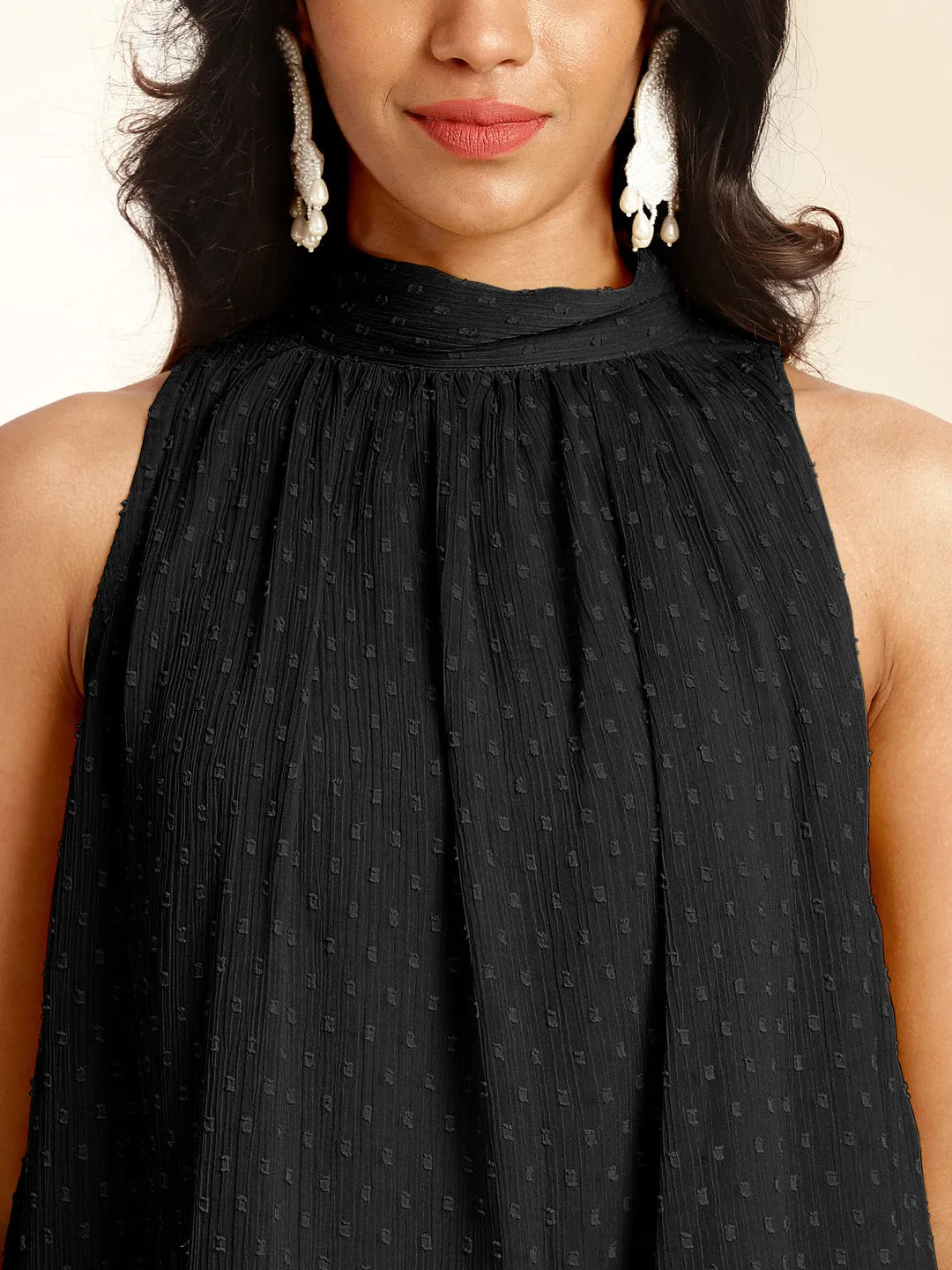 Black Chiffon All-Over Self Design Gathered Co-Ord Set