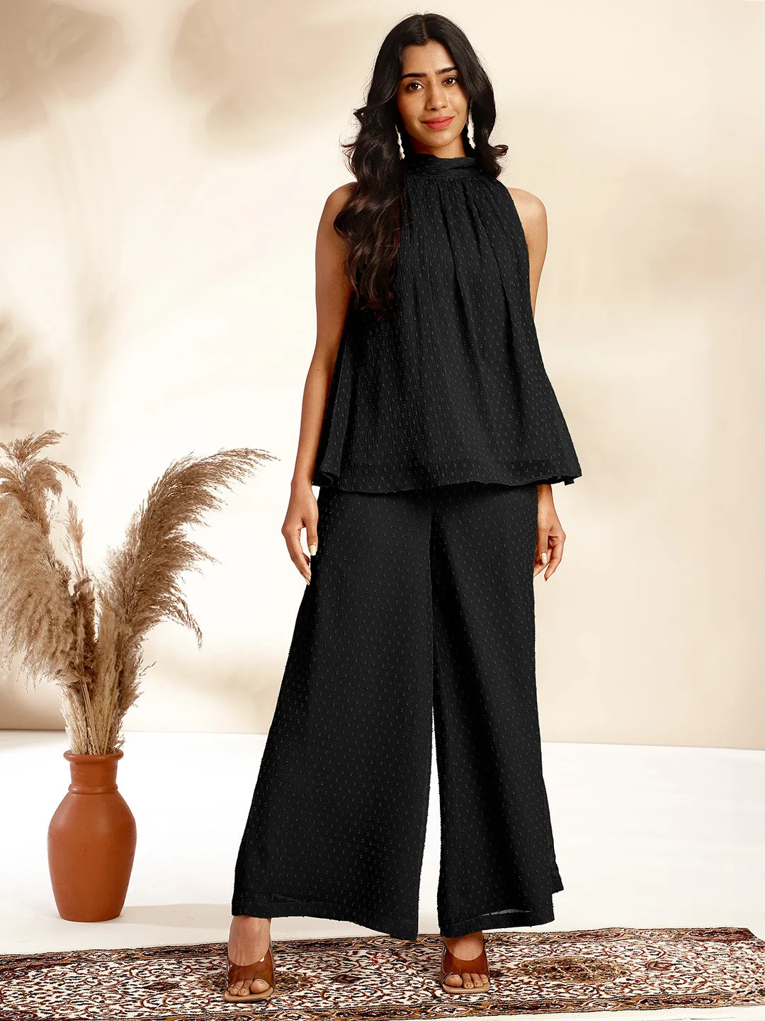 Black Chiffon All-Over Self Design Gathered Co-Ord Set