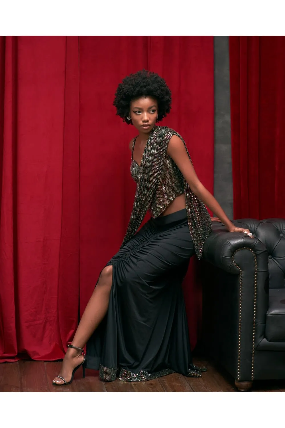 Black Italian Crepe Crystal Embellished Ruched Skirt Saree Set