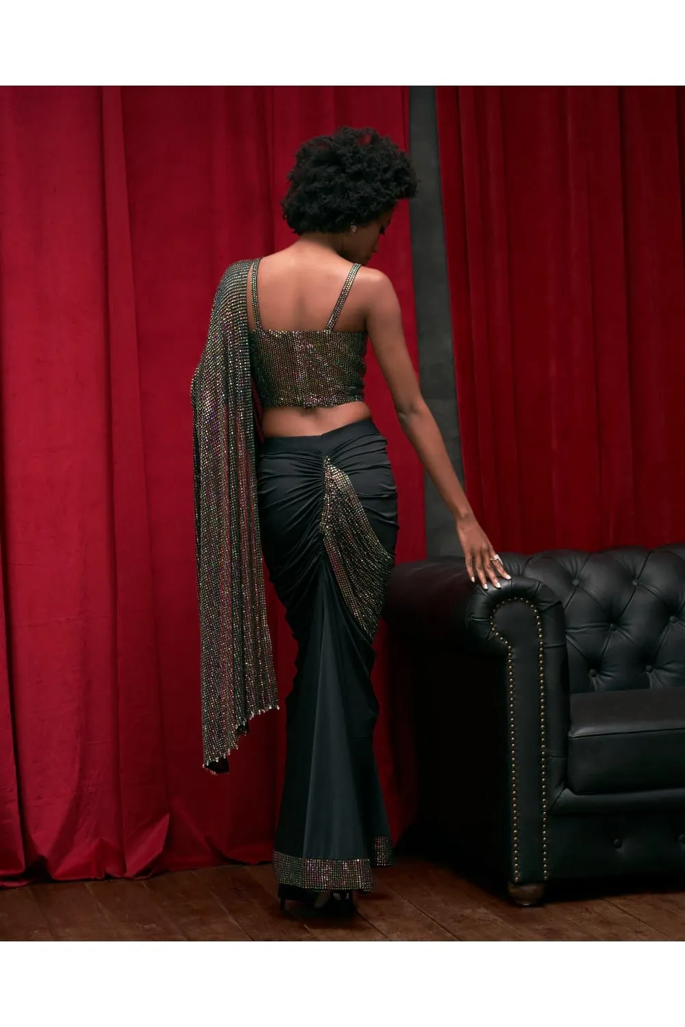 Black Italian Crepe Crystal Embellished Ruched Skirt Saree Set