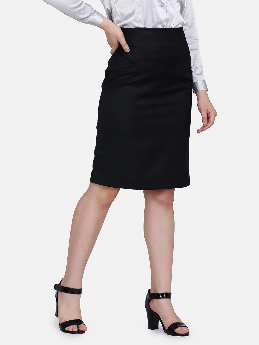 Black Polyester Stretch Pencil Skirt