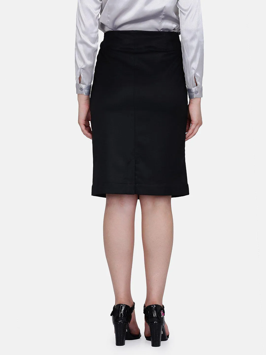 Black Polyester Stretch Pencil Skirt