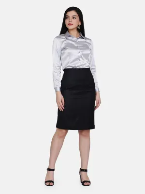 Black Polyester Stretch Pencil Skirt