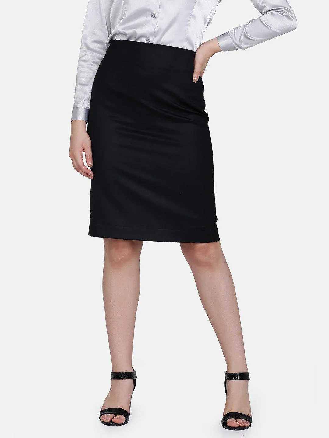 Black Polyester Stretch Pencil Skirt