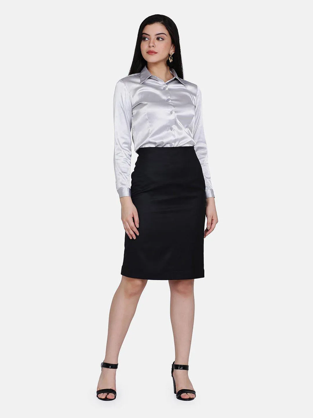 Black Polyester Stretch Pencil Skirt