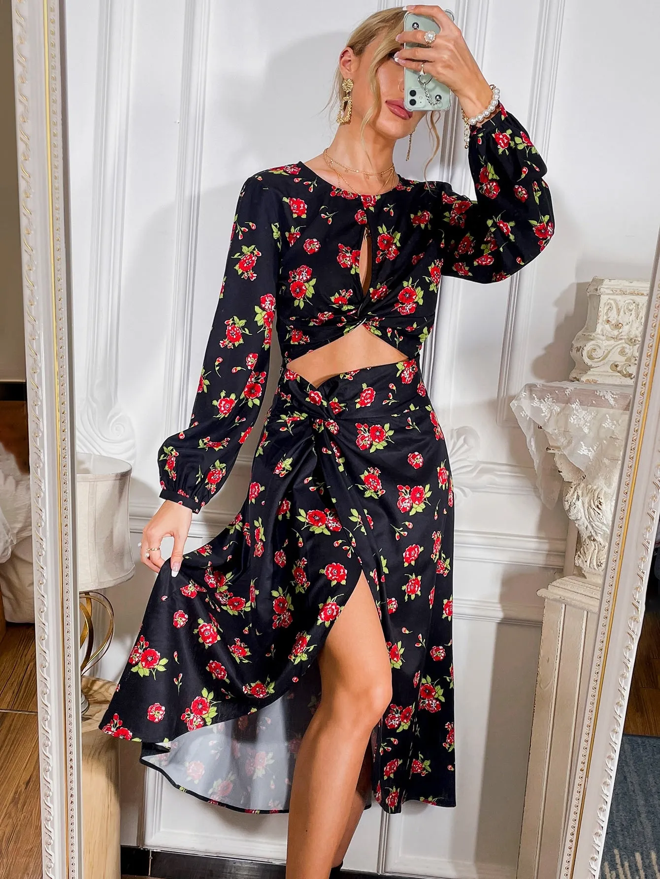 Boho All Over Print Twist High Waist Long Women Skirt