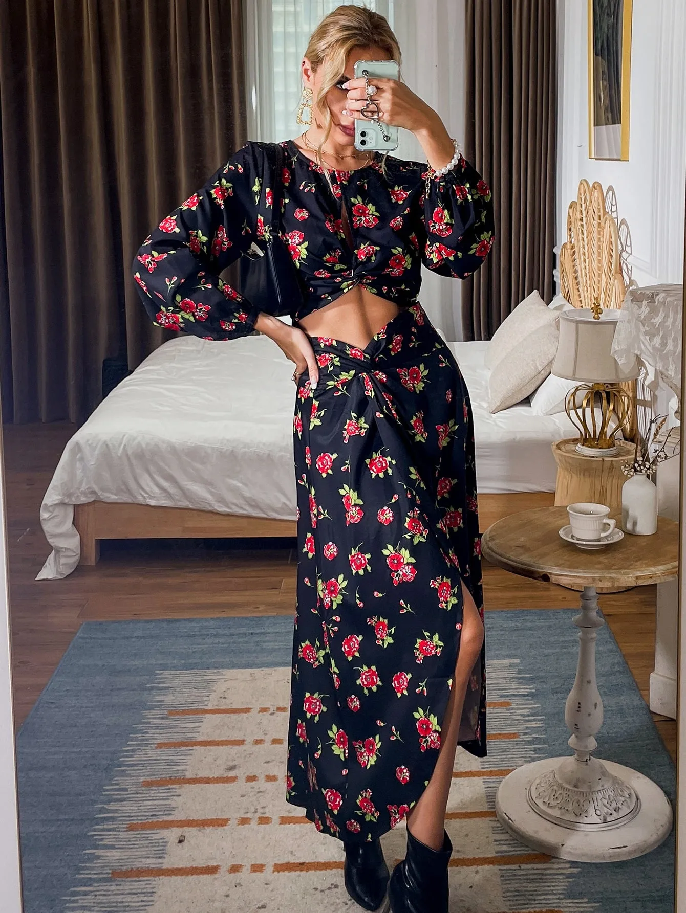 Boho All Over Print Twist High Waist Long Women Skirt