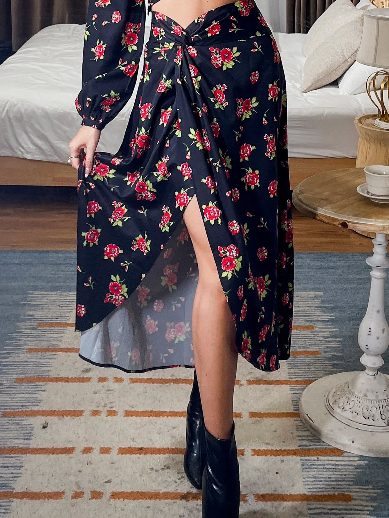 Boho All Over Print Twist High Waist Long Women Skirt