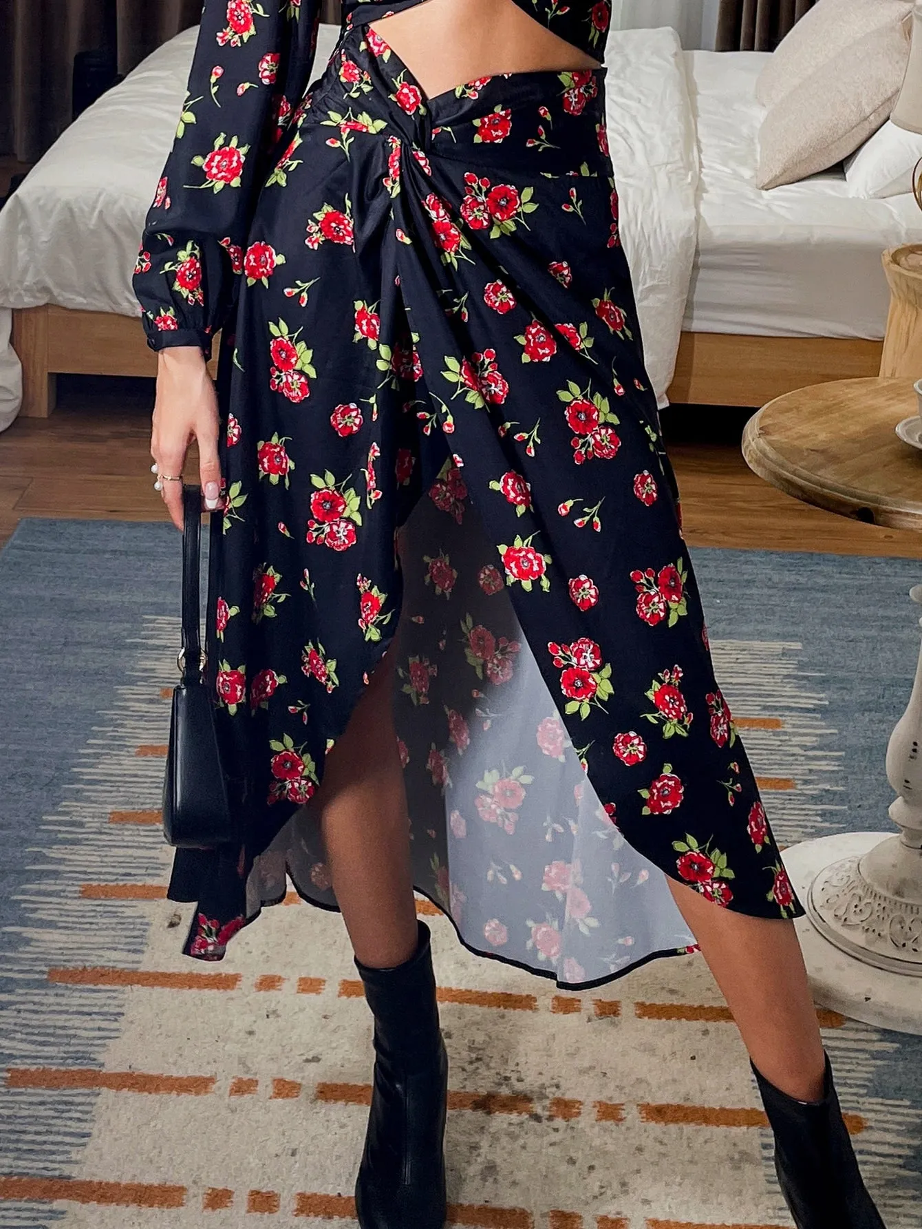 Boho All Over Print Twist High Waist Long Women Skirt