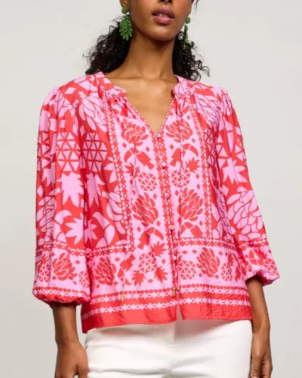 Border Print Button Front Top - Coral Pink