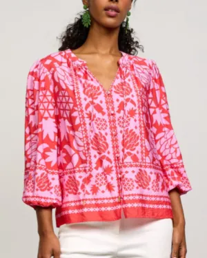 Border Print Button Front Top - Coral Pink