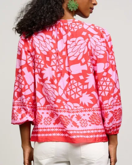 Border Print Button Front Top - Coral Pink