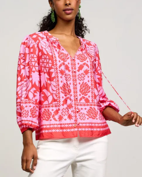 Border Print Button Front Top - Coral Pink