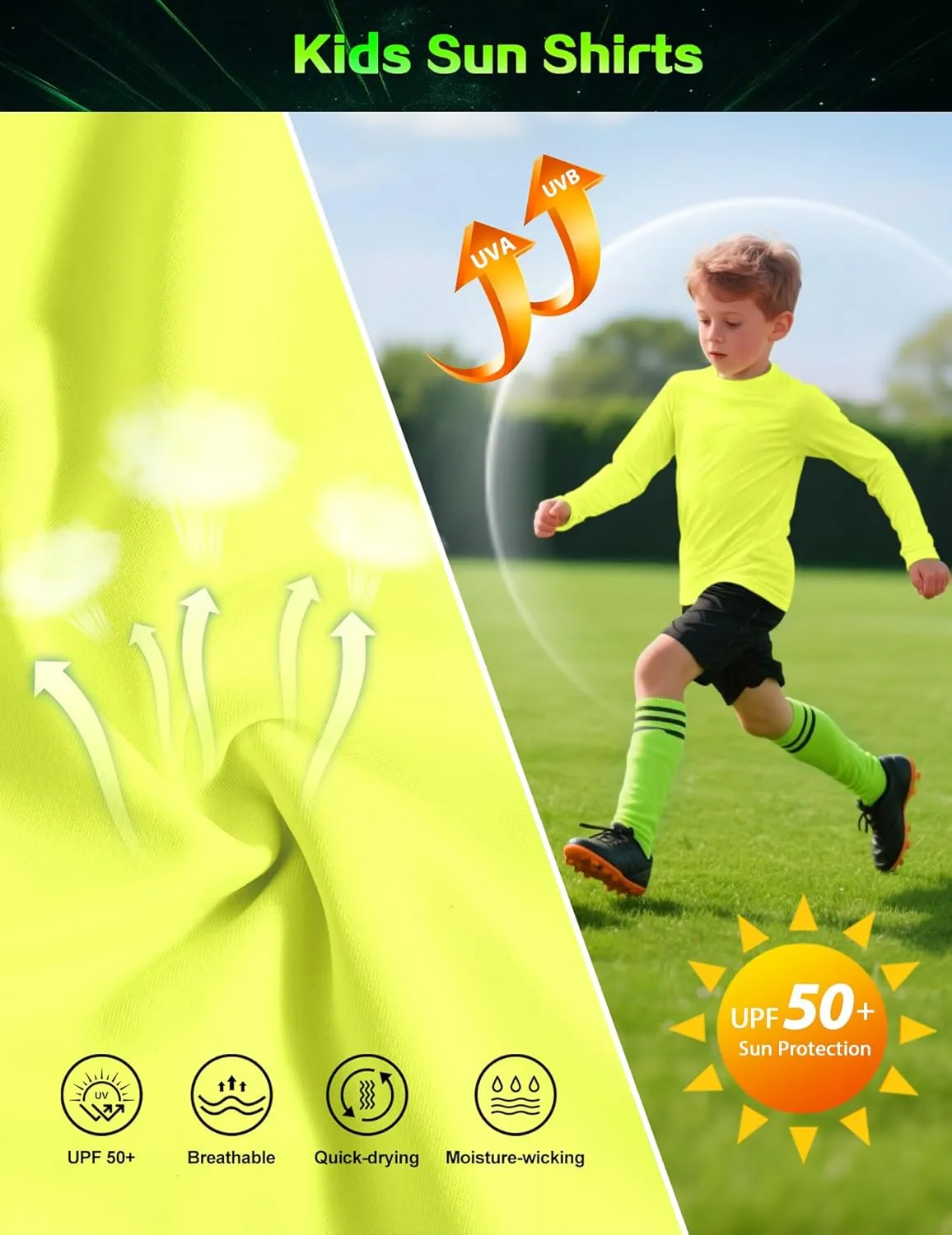 Boys Neon Shirts UPF 50  Performance Long Sleeve Shirts Quick Dry Fit Athletic Tshirt Rash Guard for Kids Youth 2T-16 Years