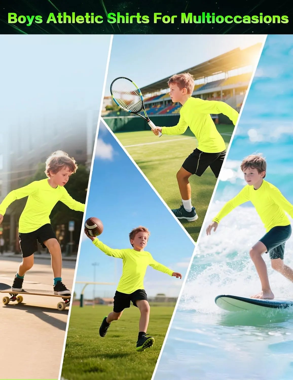 Boys Neon Shirts UPF 50  Performance Long Sleeve Shirts Quick Dry Fit Athletic Tshirt Rash Guard for Kids Youth 2T-16 Years