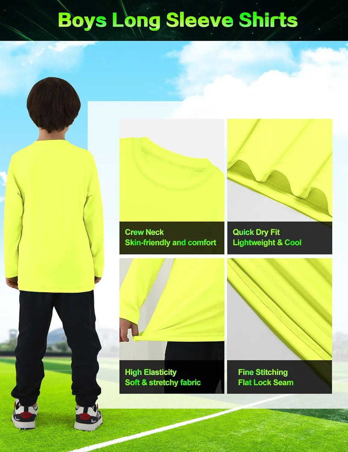 Boys Neon Shirts UPF 50  Performance Long Sleeve Shirts Quick Dry Fit Athletic Tshirt Rash Guard for Kids Youth 2T-16 Years