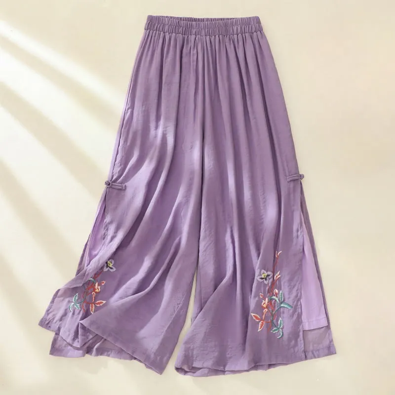 Buddha Stones Artistic Embroidery Flower Double Layer Chinese Frog Button Split Cotton Linen Women's Wide Leg Pants