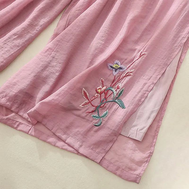Buddha Stones Artistic Embroidery Flower Double Layer Chinese Frog Button Split Cotton Linen Women's Wide Leg Pants