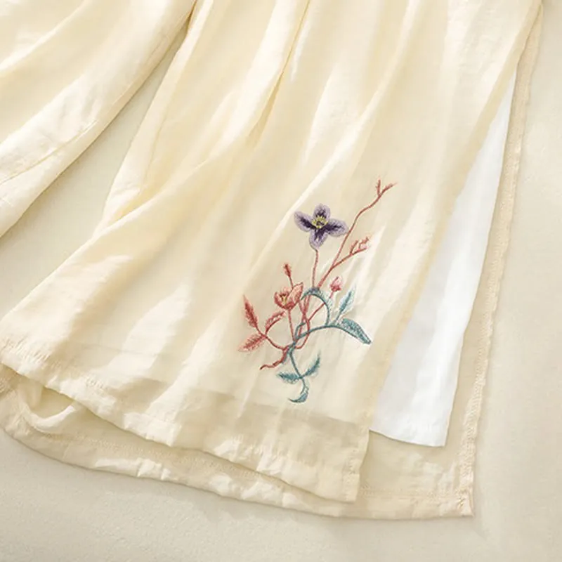 Buddha Stones Artistic Embroidery Flower Double Layer Chinese Frog Button Split Cotton Linen Women's Wide Leg Pants