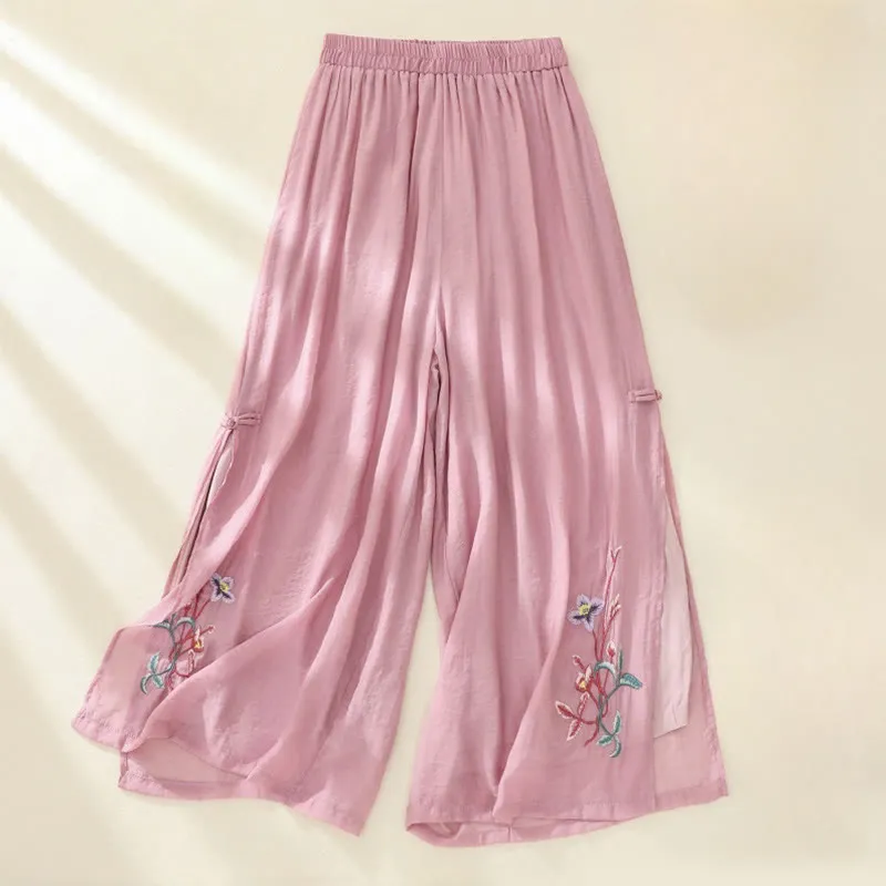 Buddha Stones Artistic Embroidery Flower Double Layer Chinese Frog Button Split Cotton Linen Women's Wide Leg Pants