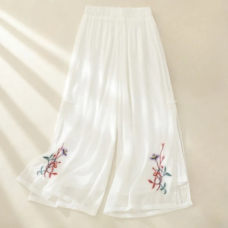 Buddha Stones Artistic Embroidery Flower Double Layer Chinese Frog Button Split Cotton Linen Women's Wide Leg Pants