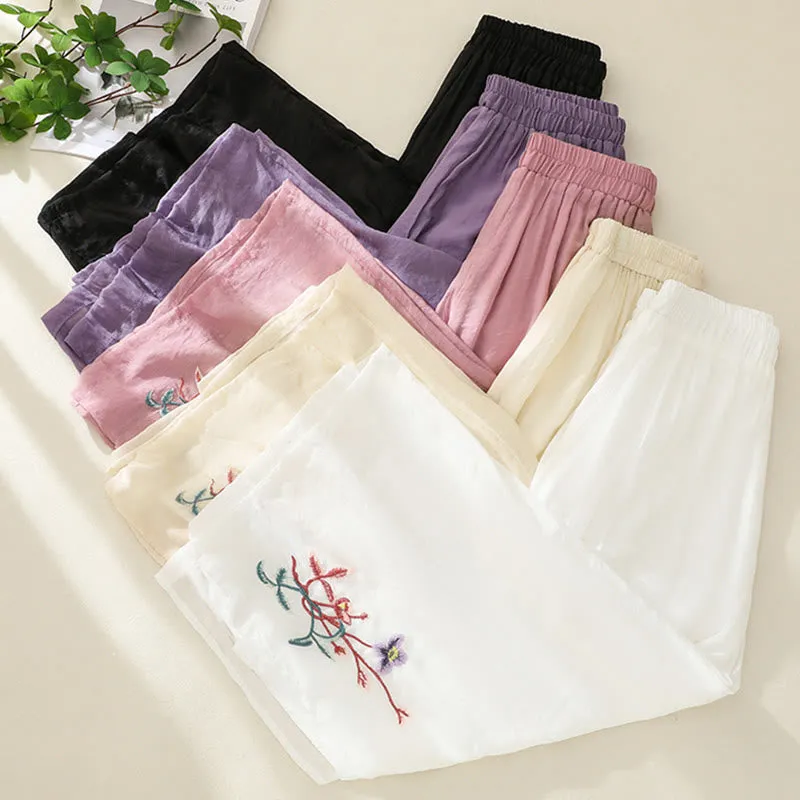 Buddha Stones Artistic Embroidery Flower Double Layer Chinese Frog Button Split Cotton Linen Women's Wide Leg Pants