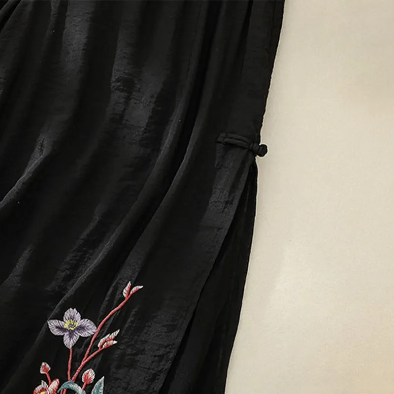 Buddha Stones Artistic Embroidery Flower Double Layer Chinese Frog Button Split Cotton Linen Women's Wide Leg Pants