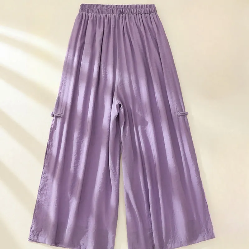 Buddha Stones Artistic Embroidery Flower Double Layer Chinese Frog Button Split Cotton Linen Women's Wide Leg Pants