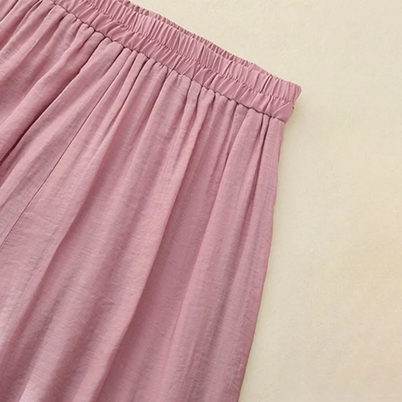 Buddha Stones Artistic Embroidery Flower Double Layer Chinese Frog Button Split Cotton Linen Women's Wide Leg Pants