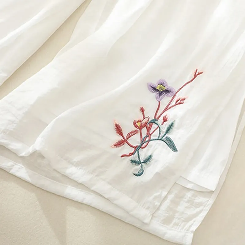 Buddha Stones Artistic Embroidery Flower Double Layer Chinese Frog Button Split Cotton Linen Women's Wide Leg Pants