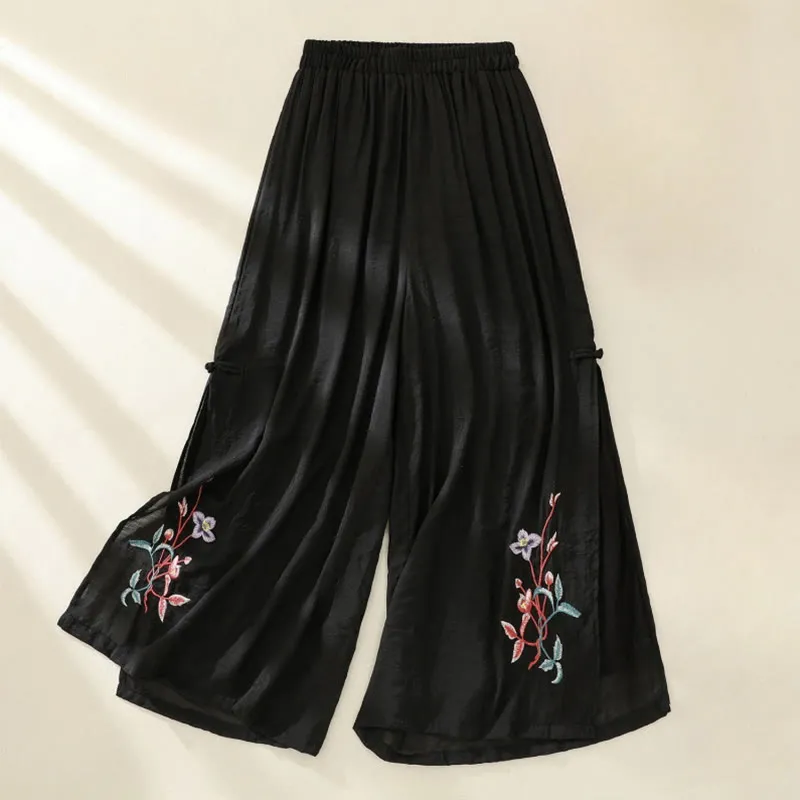 Buddha Stones Artistic Embroidery Flower Double Layer Chinese Frog Button Split Cotton Linen Women's Wide Leg Pants