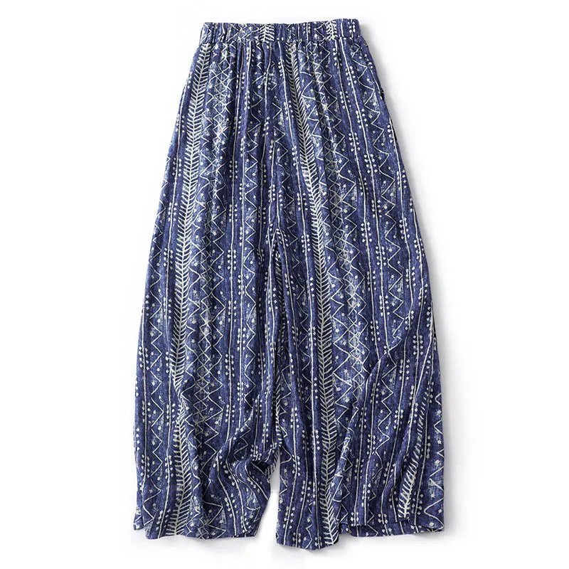 Buddha Stones Blue Stripes Print Cotton Linen Wide Leg Pants With Pockets