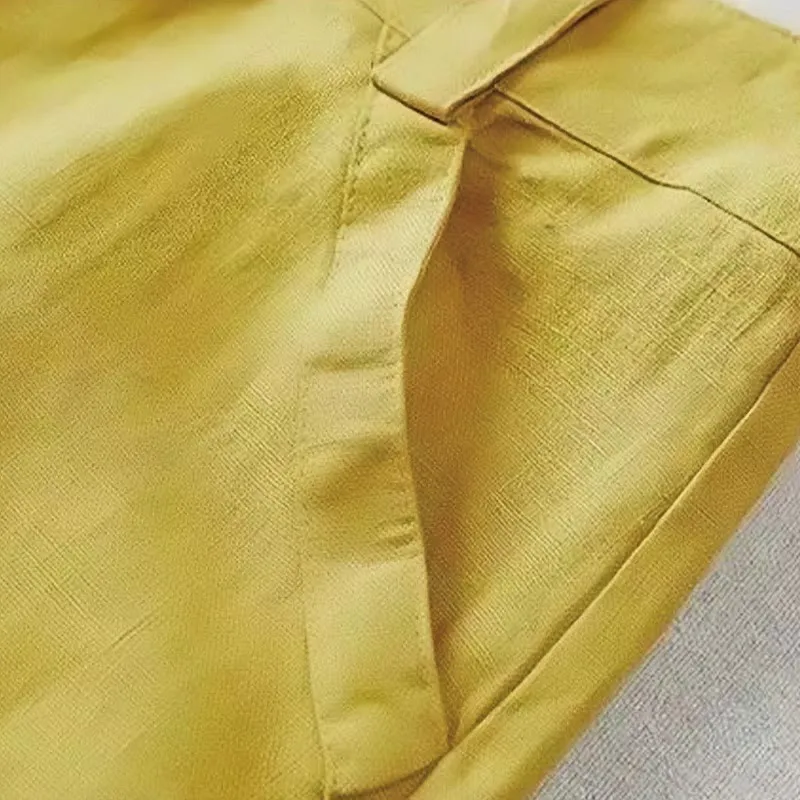 Buddha Stones Casual Retro Plain High Waist Cotton Linen Women's Wide Leg Pants With Pockets