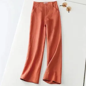 Buddha Stones Casual Retro Plain High Waist Cotton Linen Women's Wide Leg Pants With Pockets
