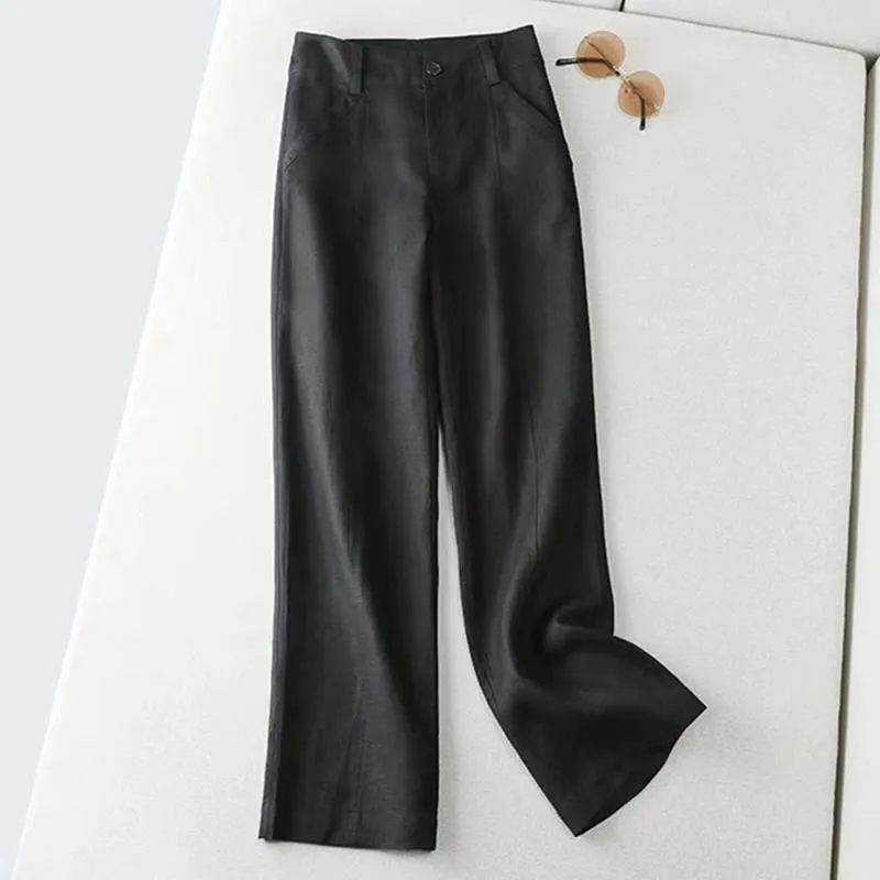 Buddha Stones Casual Retro Plain High Waist Cotton Linen Women's Wide Leg Pants With Pockets