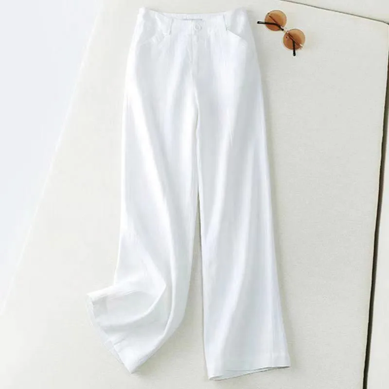 Buddha Stones Casual Retro Plain High Waist Cotton Linen Women's Wide Leg Pants With Pockets