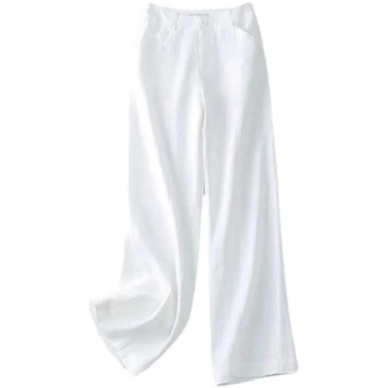 Buddha Stones Casual Retro Plain High Waist Cotton Linen Women's Wide Leg Pants With Pockets