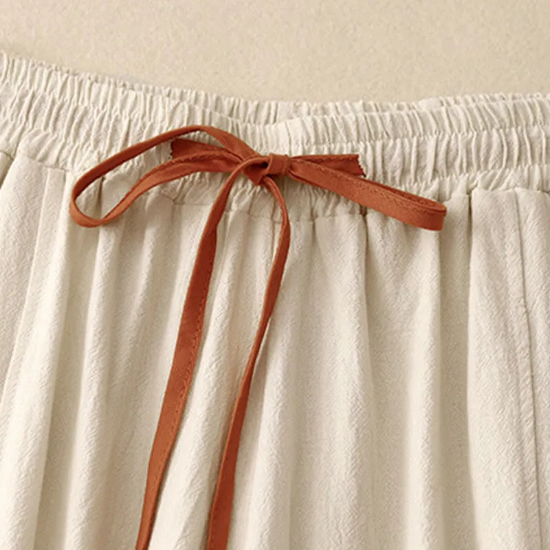 Buddha Stones Casual Simple Design Drawstring Split Cotton Linen Women's Wide Leg Pants With Pockets